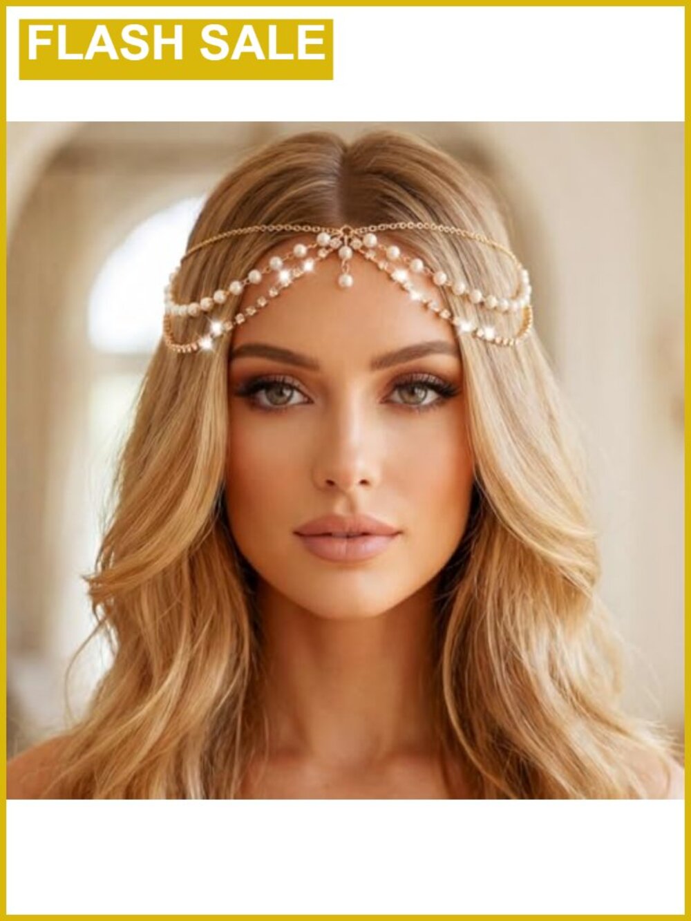 Gold Plated Head Chain Pearl Rhinestone Boho Wedding Hair Accessory